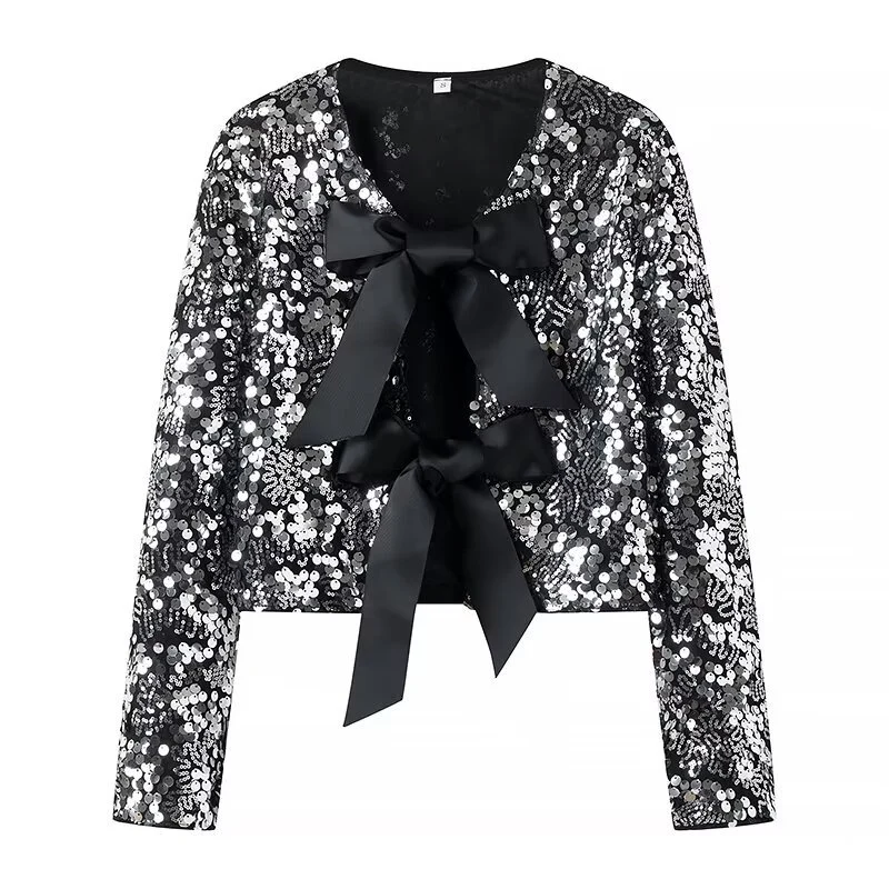 Damen Pailletten-Bolerojacke mit dekorativen Satin-Schleifen Nord Taschen