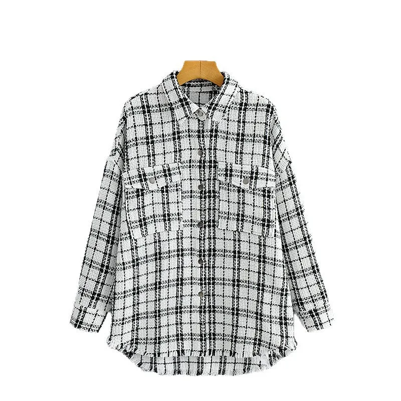 Damen Oversized Tweed-Hemdjacke mit Brusttaschen und fransigem Saum Nord Taschen