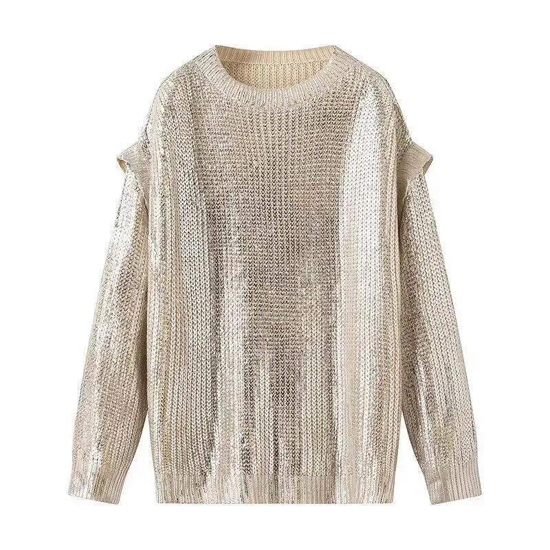 Damen Oversized Strickpullover mit Cut-Out-Schultern und Metallic-Glanz Nord Taschen