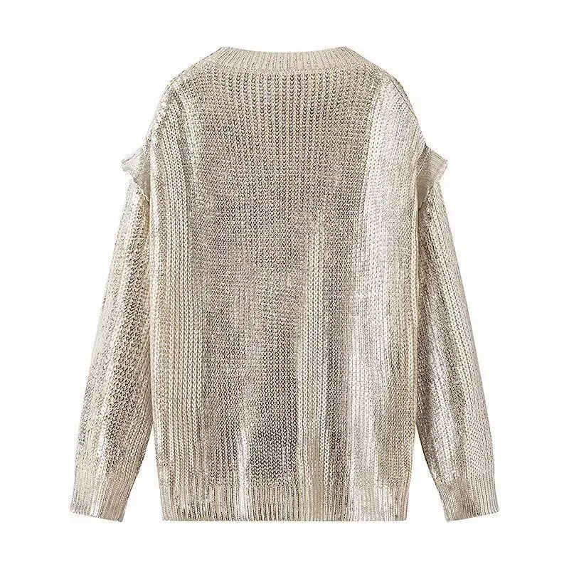 Damen Oversized Strickpullover mit Cut-Out-Schultern und Metallic-Glanz Nord Taschen