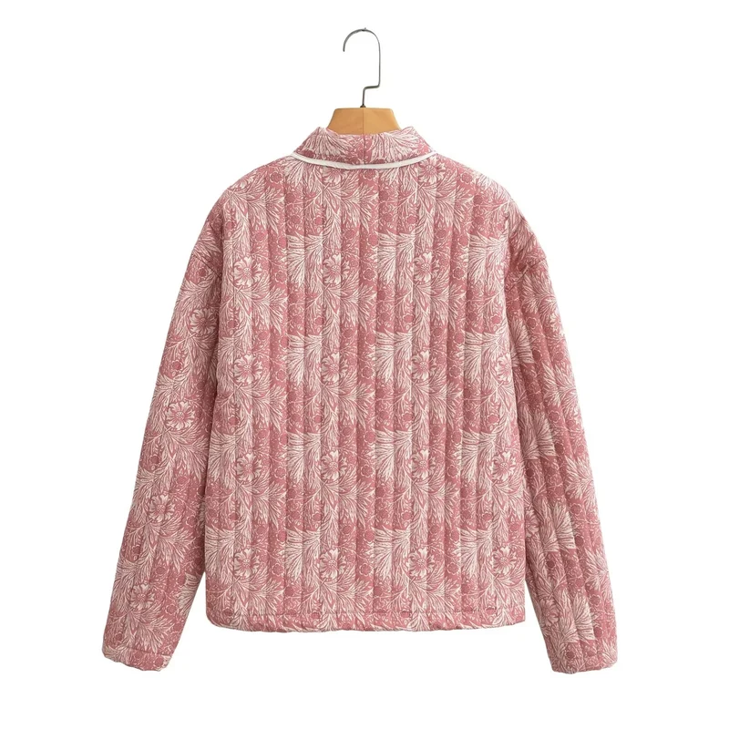 Damen Leichte gesteppte Jacke im Kimono-Stil mit floralem Blockdruck und Kontrastpaspel Nord Taschen