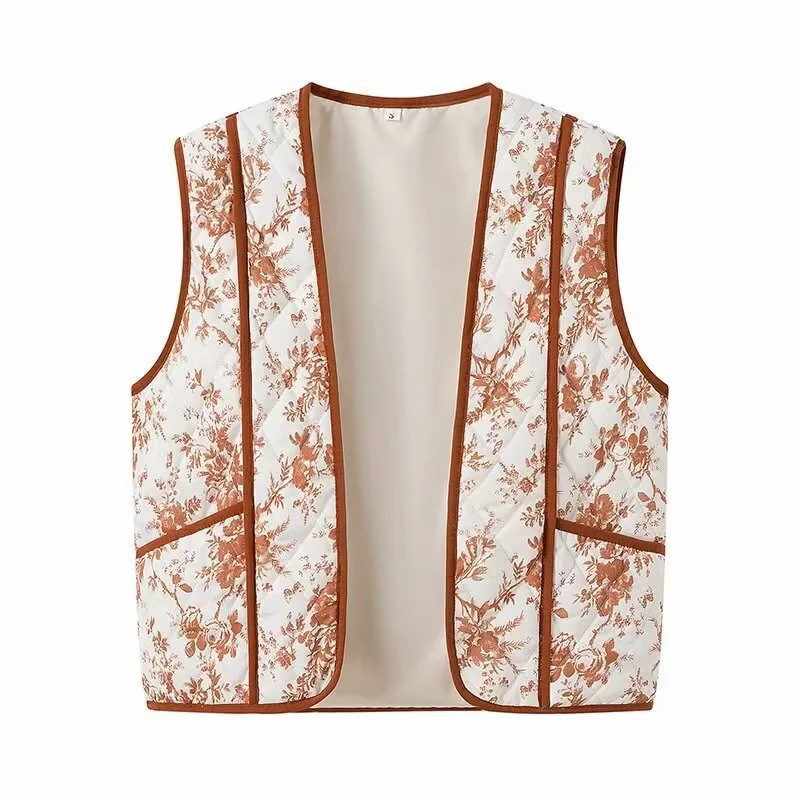 Damen Leicht gesteppte Steppweste mit floralem Print, V‑Ausschnitt und Eingrifftaschen Nord Taschen