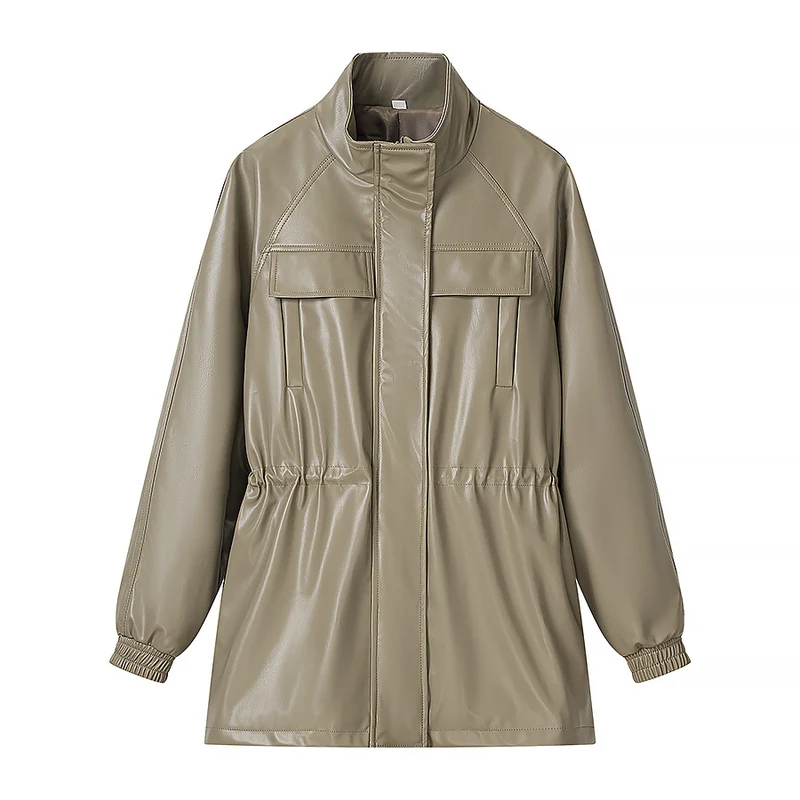 Damen Lederoptik-Parka mit Tunnelzugtaillierung, Stehkragen und Pattentaschen Nord Taschen