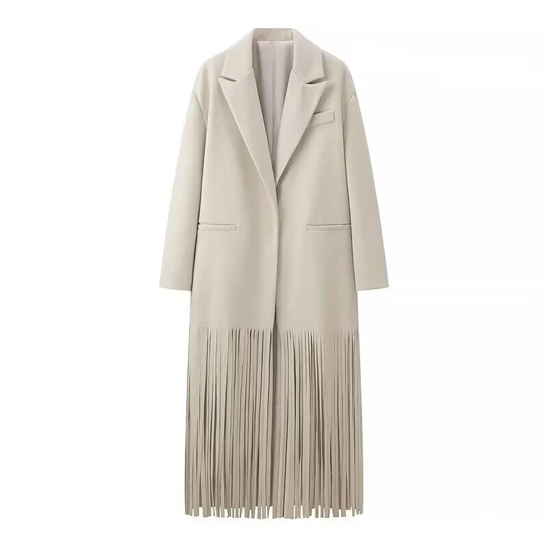 Damen Langmantel mit langem Fransen‑Saum, kastiger Oversize‑Silhouette und Reverskragen Nord Taschen