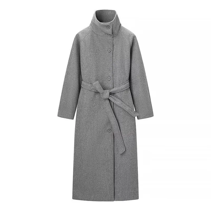 Damen Langmantel mit Bindegürtel und hohem Stehkragen aus Wollmix Nord Taschen