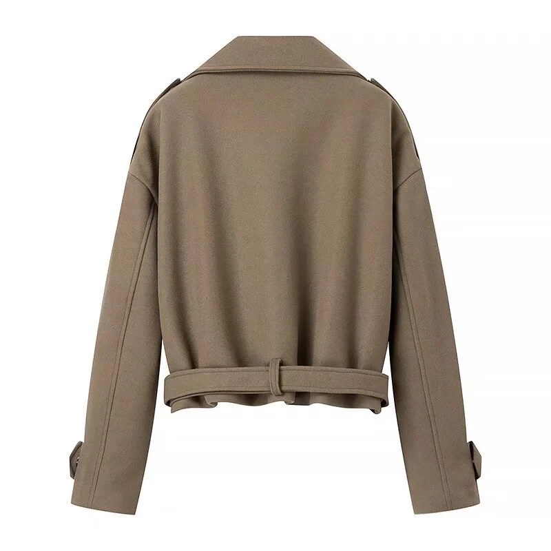 Damen Kurzer Wollmix-Trench mit Gürtel, Epauletten und weitem Revers Nord Taschen