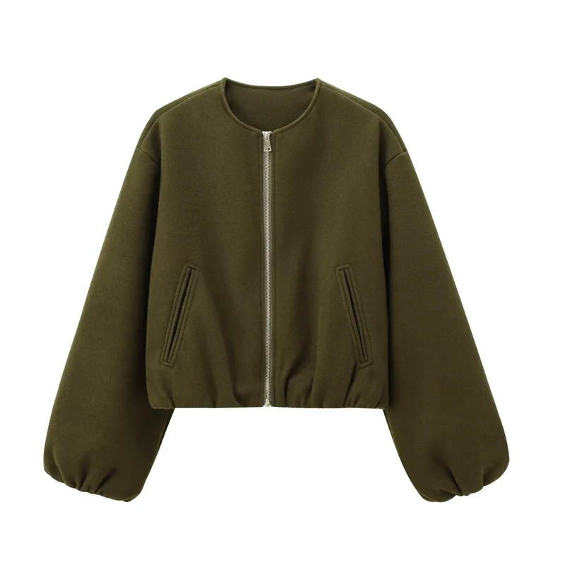 Damen Kurzer Wollmix-Bomber mit Rundhalsausschnitt, Reißverschluss und Ballonärmeln Nord Taschen