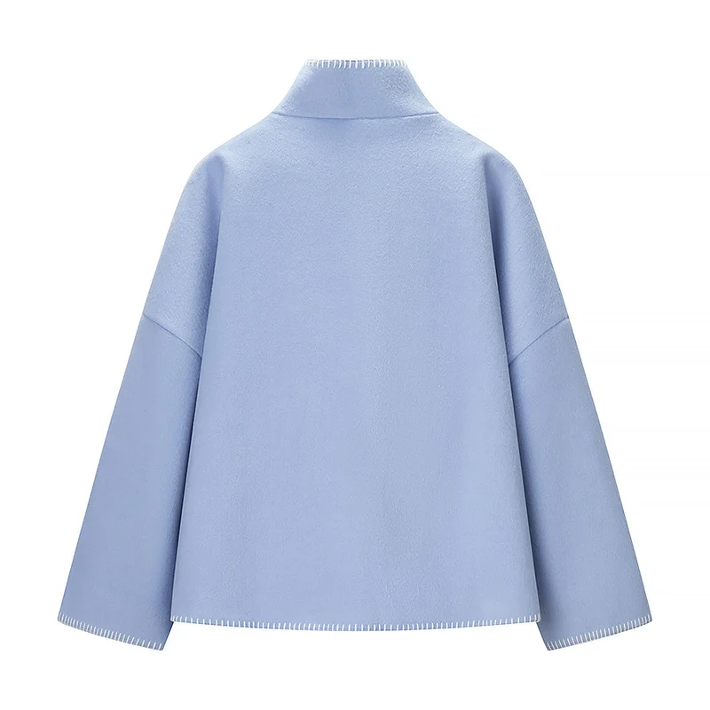 Damen Kurzer Wollcape-Mantel mit Stehkragen, Kontrastnaht und Druckknopfverschluss Nord Taschen