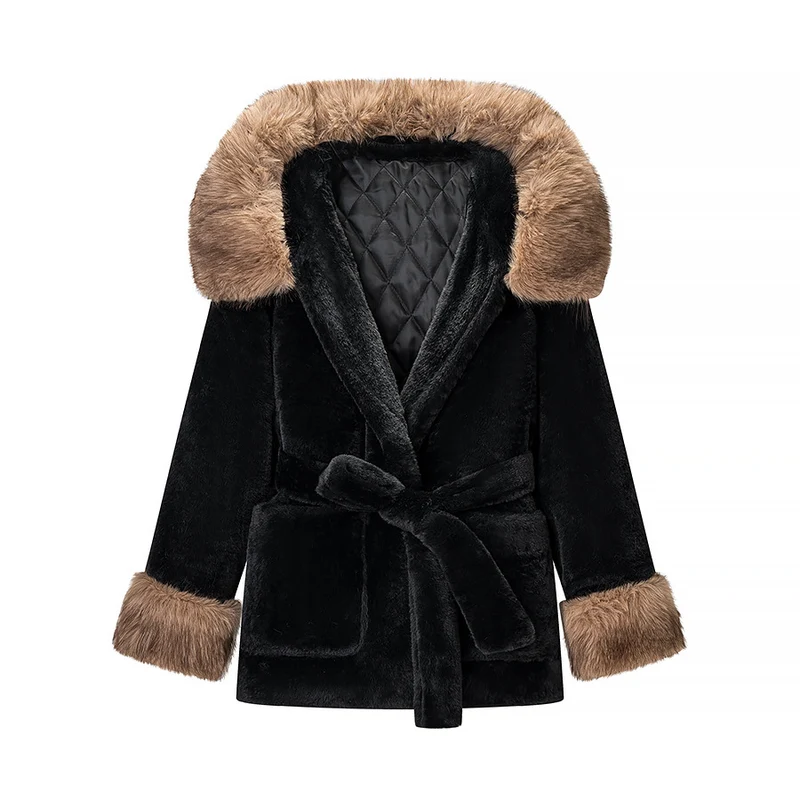 Damen Kurzer Teddy-Kunstpelz-Mantel mit Kapuze, Steppfutter und Bindegürtel Nord Taschen