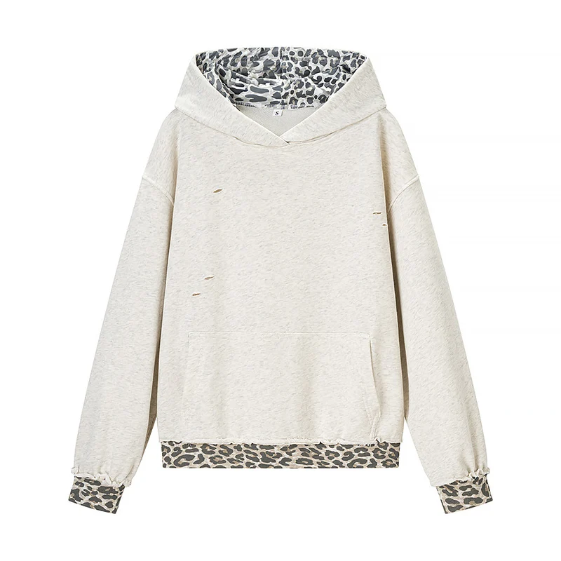 Damen Kurzer Oversize-Kapuzenpullover mit Destroy-Details und Leo-Futter Nord Taschen