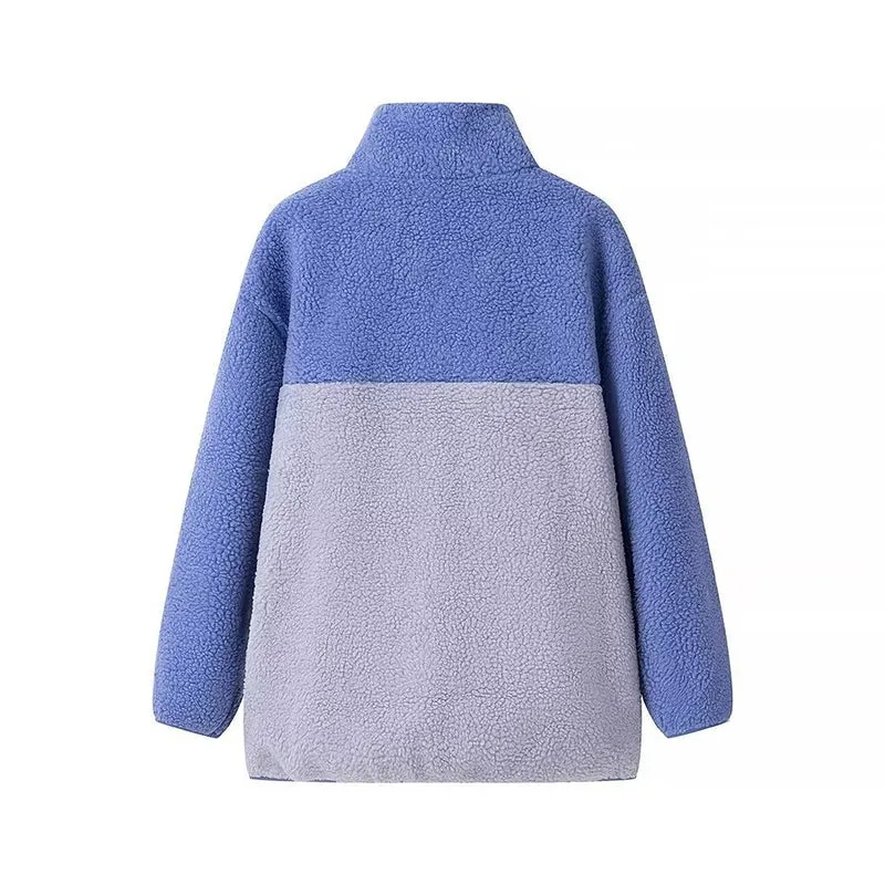 Damen Oversize Teddy-Fleecejacke mit Stehkragen, Reißverschlusstaschen und Nylon-Brusttasche Nord Taschen