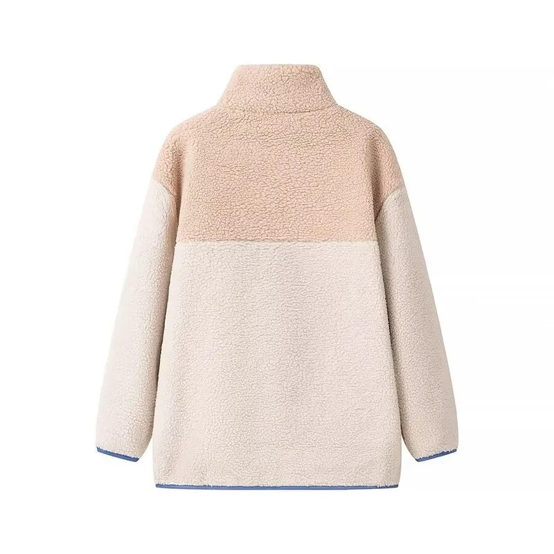 Damen Oversize Teddy‑Fleecejacke mit Farbblock, Stehkragen und Reißverschlusstaschen Nord Taschen