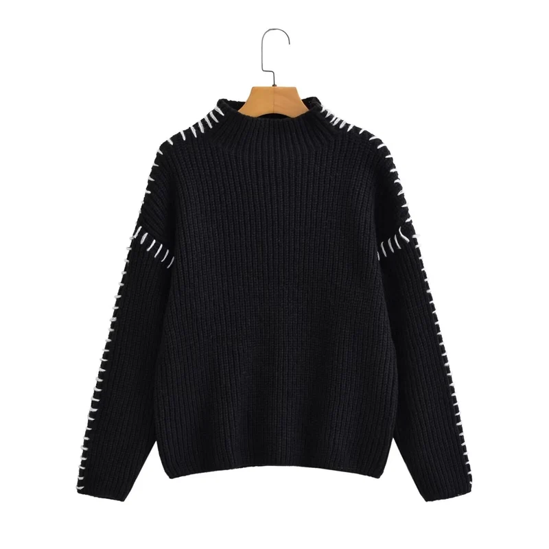 Damen Oversize-Strickpullover mit Stehkragen, Ballonärmeln und Ziernaht Nord Taschen