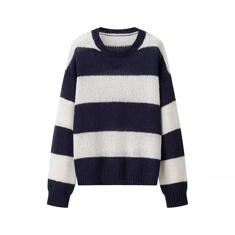 Damen Oversize-Strickpullover mit breiten Blockstreifen und Rundhalsausschnitt Nord Taschen