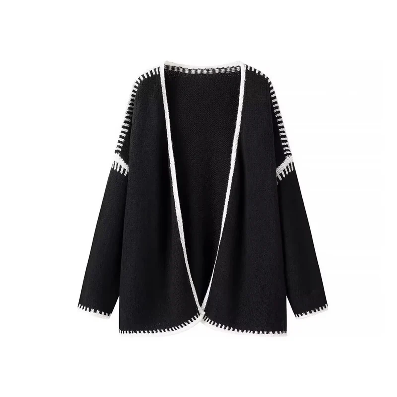 Damen Oversize-Strickjacke mit kontrastierender Häkelkante und überschnittener Schulter Nord Taschen