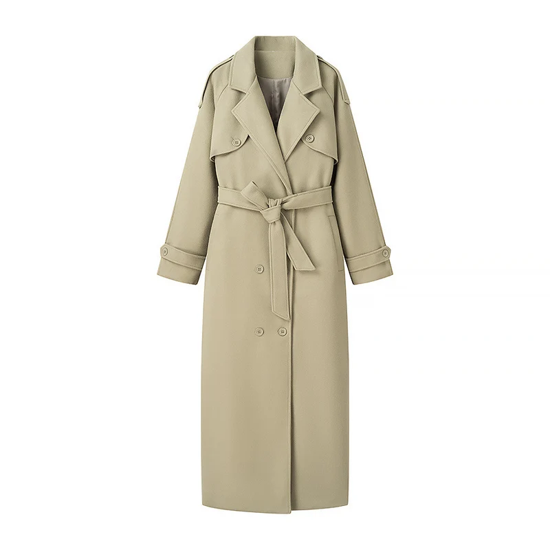 Damen Langer Trenchcoat mit Bindegürtel, doppelreihiger Knopfleiste und Epauletten Nord Taschen