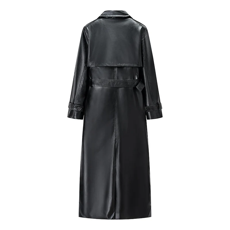 Damen Langer Trenchcoat aus Lederoptik mit Bindegürtel und Epauletten Nord Taschen