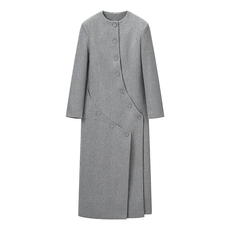 Damen Langer taillierter Wollmix-Mantel mit Rundhalsausschnitt und asymmetrischer Knopfleiste Nord Taschen