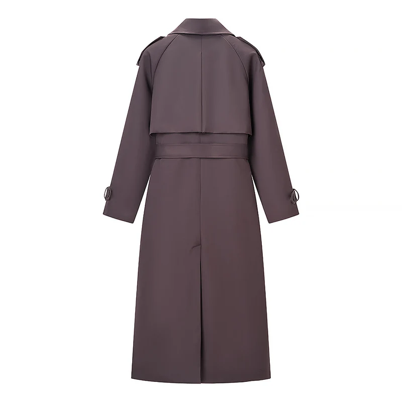 Damen Langer taillierter Trenchcoat mit Bindegürtel und doppelreihiger Knopfleiste Nord Taschen
