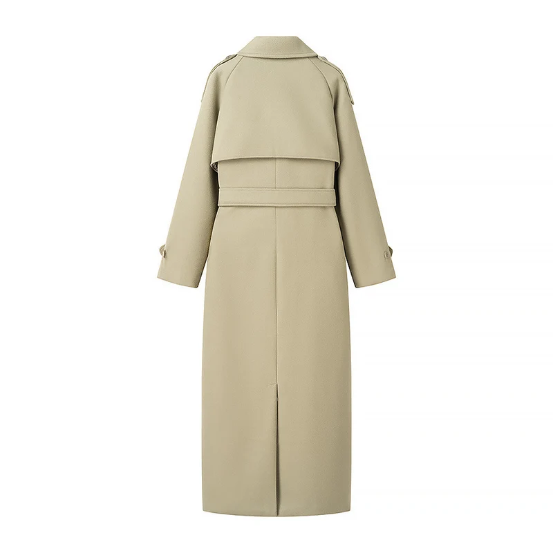 Damen Langer taillierter Trenchcoat mit Bindegürtel, Schulterpatten und doppelreihiger Knopfleiste Nord Taschen