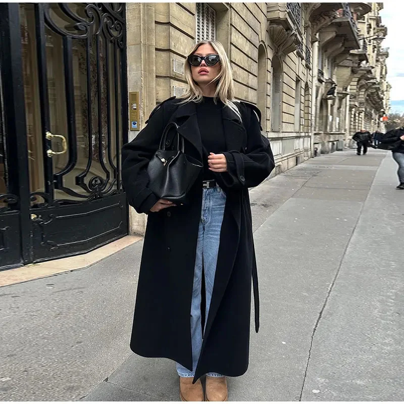 Damen langer Oversize Wollmantel mit weitem Revers und Gürtel Nord Taschen