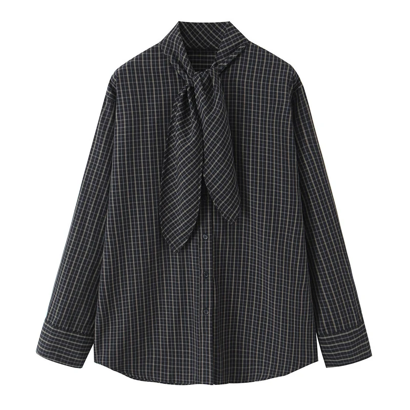 Damen Kariertes Blusenshirt mit Schluppe und weiter Passform Nord Taschen