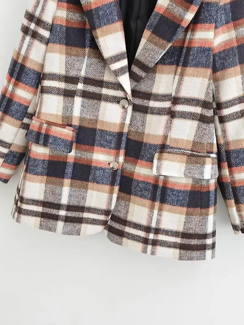 Damen Karierter Wollmix-Einreiher Blazer mit Reverskragen und Pattentaschen Nord Taschen