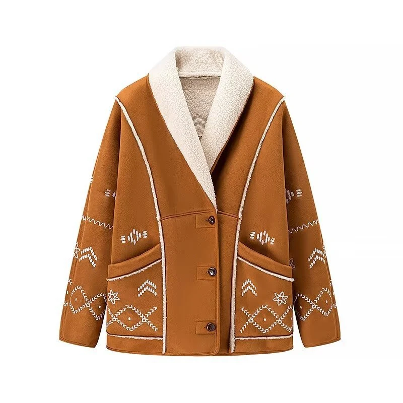 Damen Kurze Velourslederjacke mit Teddyfutter und Zierstickerei Nord Taschen