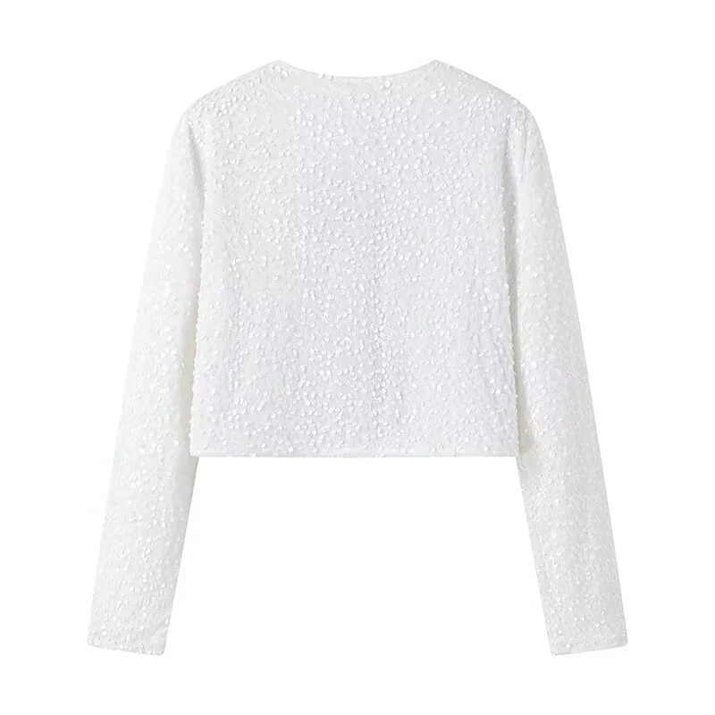 Damen Kurze Paillettenjacke mit Zierschleifen, Rundhalsausschnitt und langen Ärmeln Nord Taschen