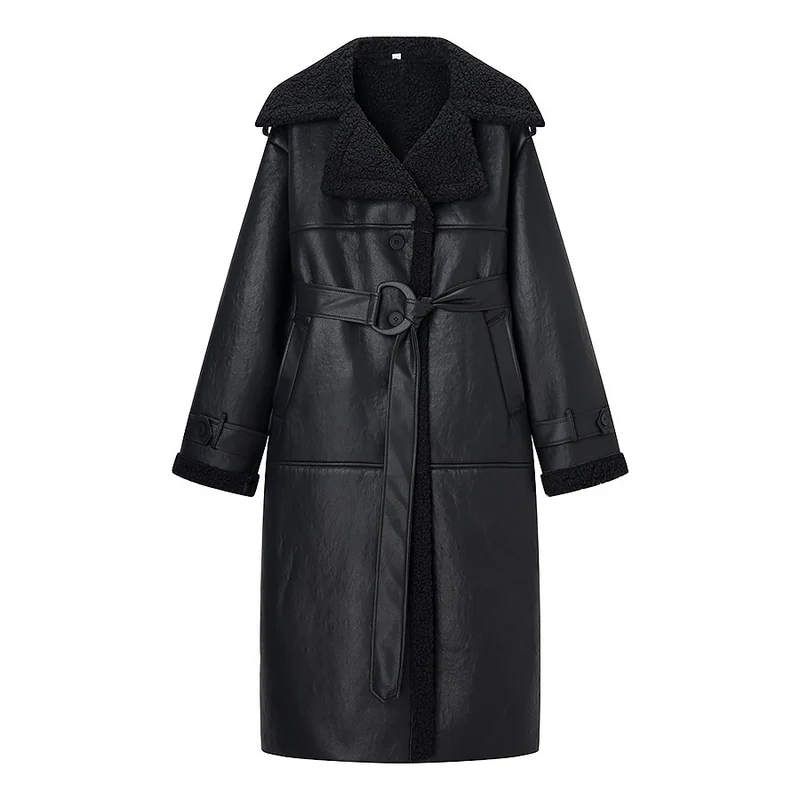 Damen Oversize Lammfellmantel mit Gürtel und Teddyfutter Nord Taschen