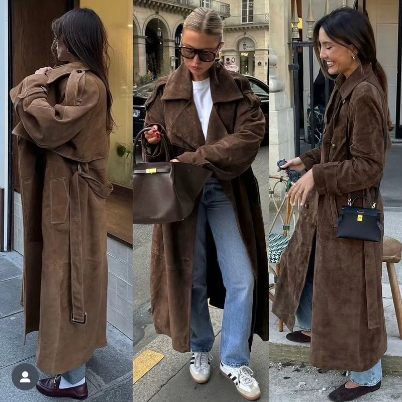 Damen Langer Oversize-Veloursleder-Trenchcoat mit Bindegürtel und Schulterriegeln Nord Taschen