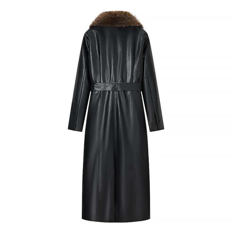 Damen Langer Ledermantel mit abnehmbarem Fellkragen und minimalistischer Silhouette Nord Taschen