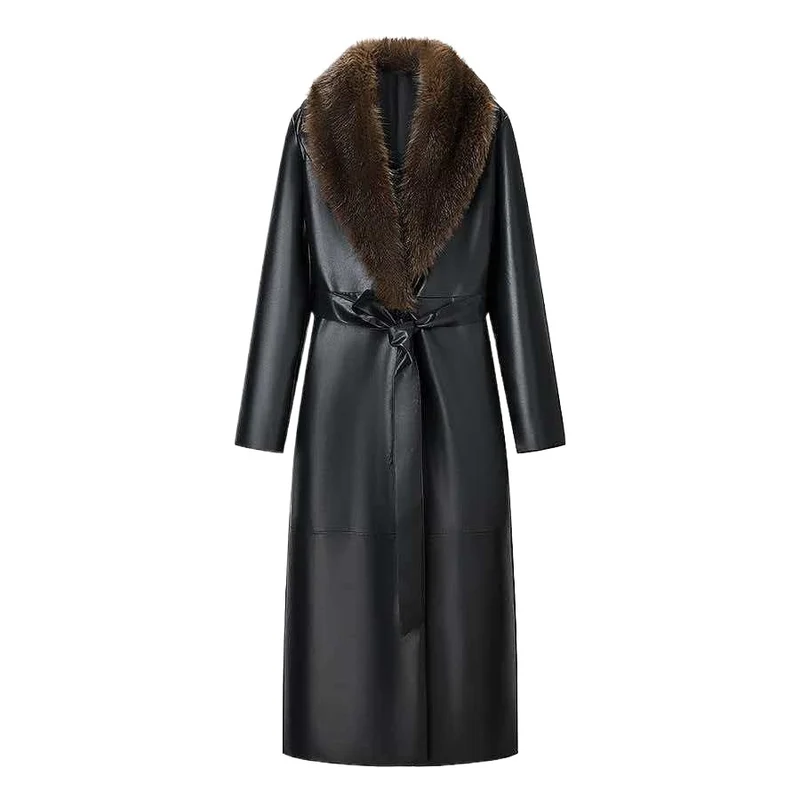 Damen Langer Ledermantel mit abnehmbarem Fellkragen und minimalistischer Silhouette Nord Taschen
