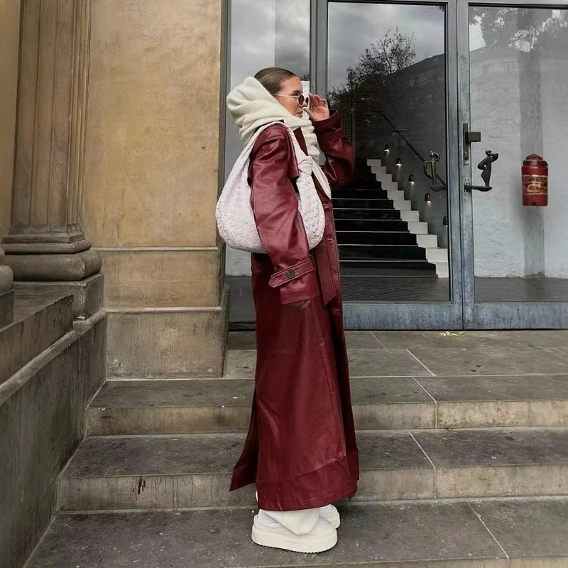 Damen Langer Kunstleder‑Trenchcoat mit Taillengürtel, weitem Revers und wasserabweisender Oberfläche Nord Taschen