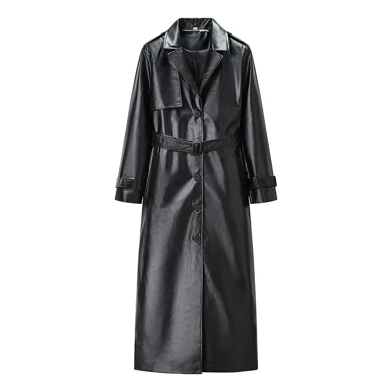 Damen Langer Kunstleder-Trenchcoat mit Taillengürtel und Epauletten Nord Taschen