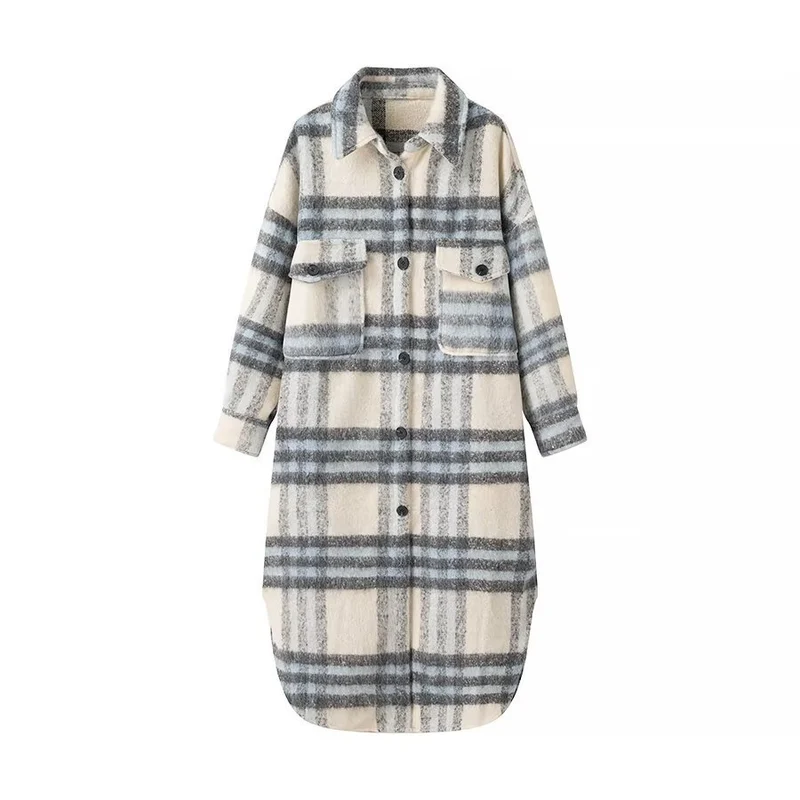 Damen Langer karierter Teddy‑Mantel in Shirtjacken‑Optik mit Hemdkragen und aufgesetzten Taschen Nord Taschen