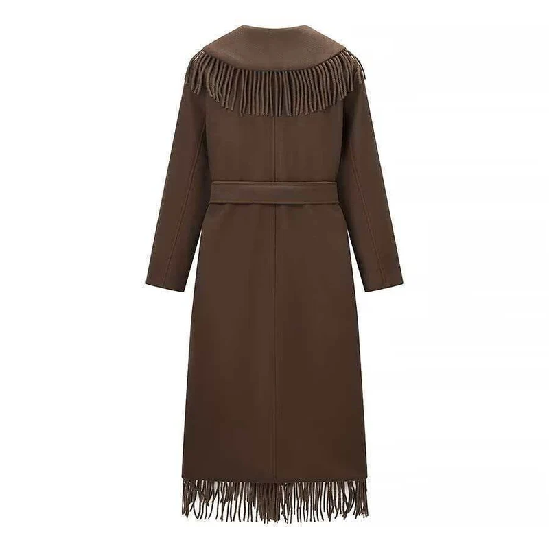 Damen Langer Fransen-Wollmix-Mantel mit Kapuze, Bindegürtel und aufgesetzten Taschen Nord Taschen