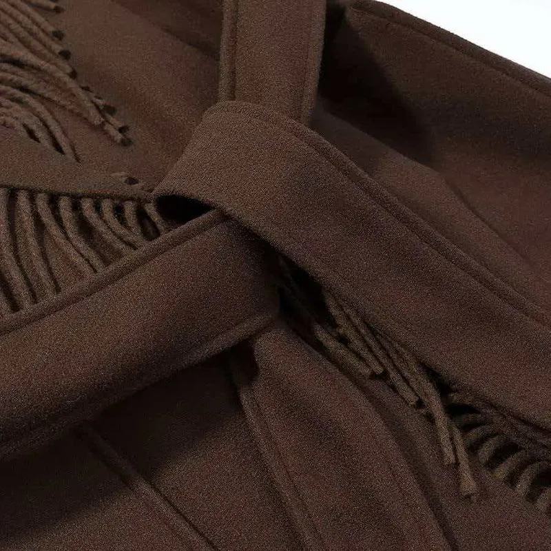 Damen Langer Fransen-Wollmix-Mantel mit Kapuze, Bindegürtel und aufgesetzten Taschen Nord Taschen