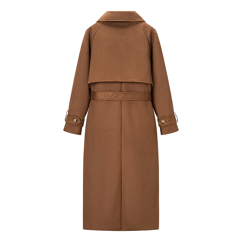 Damen Langer Doppelreihiger Mantel im Trenchcoat‑Stil mit Taillengürtel und Ärmelriegel Nord Taschen