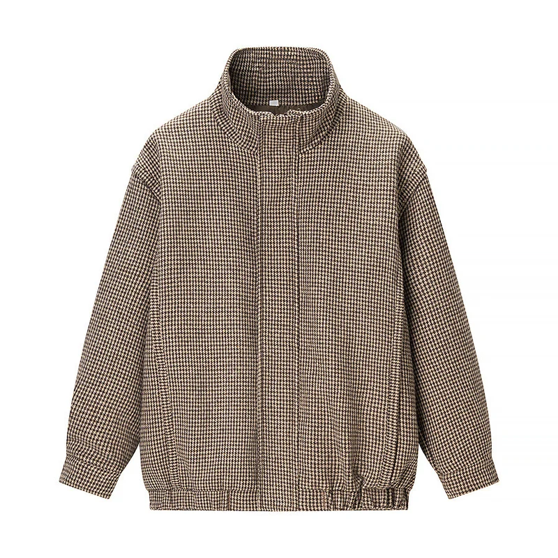 Damen Kurze Oversize-Übergangsjacke im Hahnentritt-Muster mit Stehkragen und elastischem Saum Nord Taschen