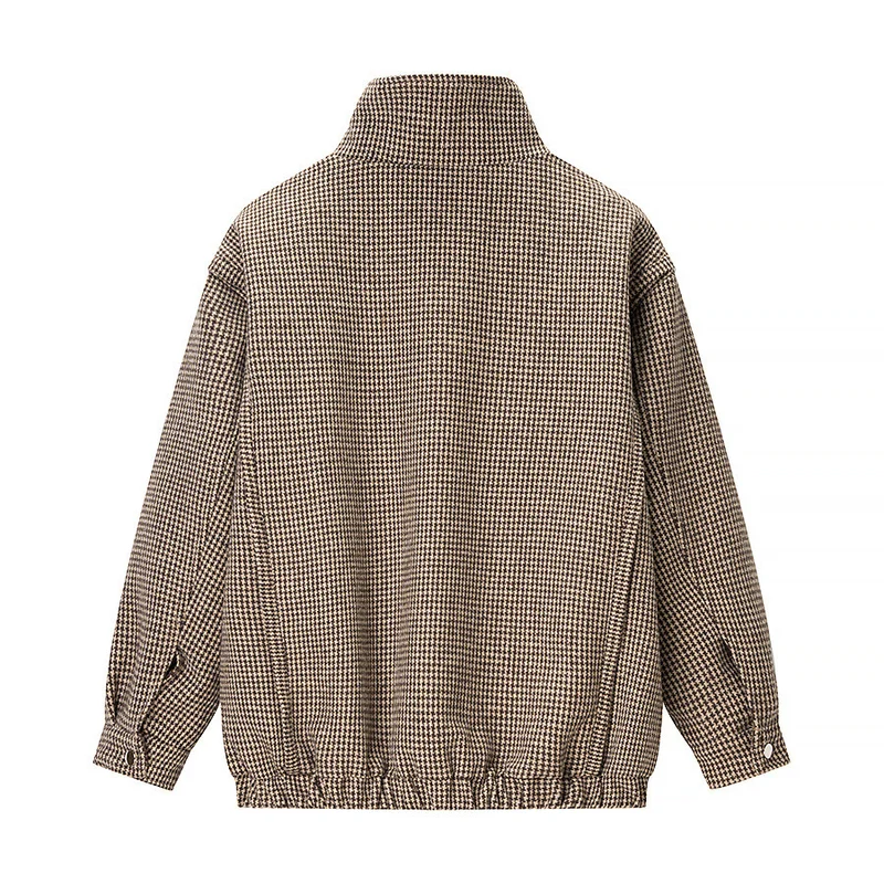 Damen Kurze Oversize-Übergangsjacke im Hahnentritt-Muster mit Stehkragen und elastischem Saum Nord Taschen