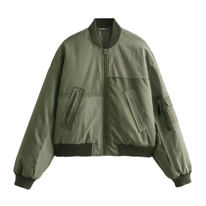 Damen Kurze Oversize-Bomberjacke mit Utility-Taschen und Rippbündchen Nord Taschen