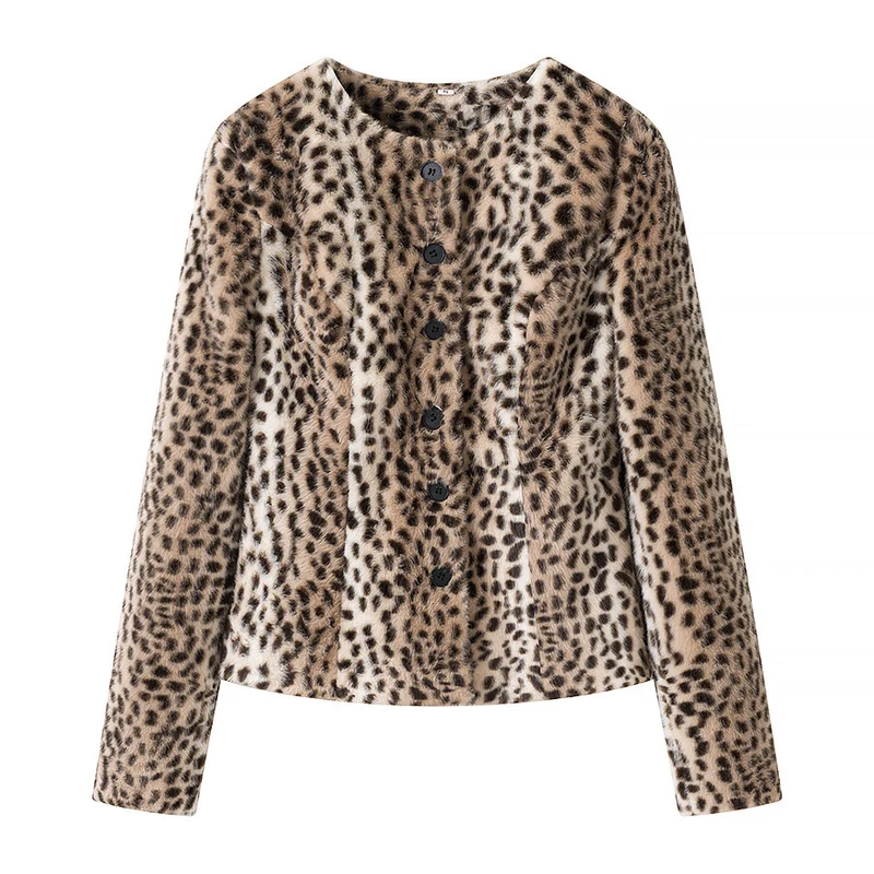 Damen Kurze Kunstfelljacke mit Leopardenmuster und Rundhalsausschnitt Nord Taschen