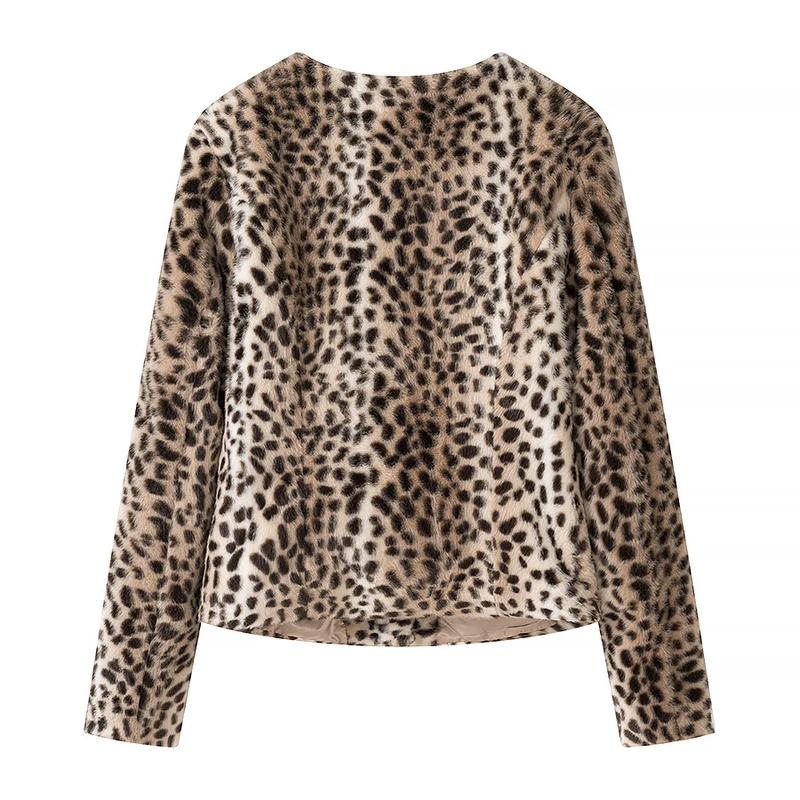 Damen Kurze Kunstfelljacke mit Leopardenmuster und Rundhalsausschnitt Nord Taschen