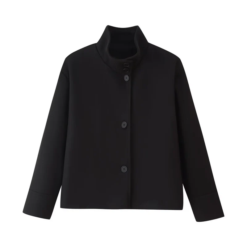 Damen Kurze kastige Jacke mit Stehkragen und durchgehender Knopfleiste Nord Taschen