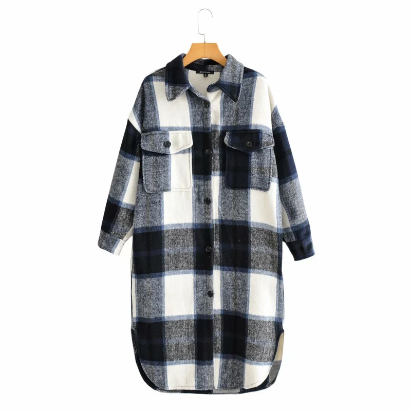 Damen Oversize-kariertes Longline-Überhemd mit Brustklappen Nord Taschen