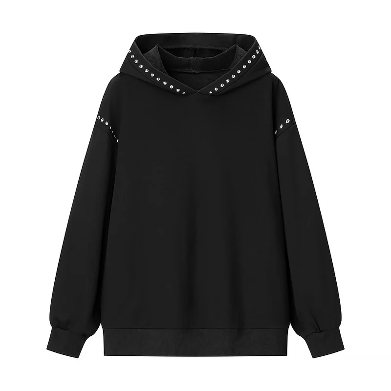 Damen Oversize-Kapuzenpullover mit Nietenbesatz und geripptem Saum Nord Taschen