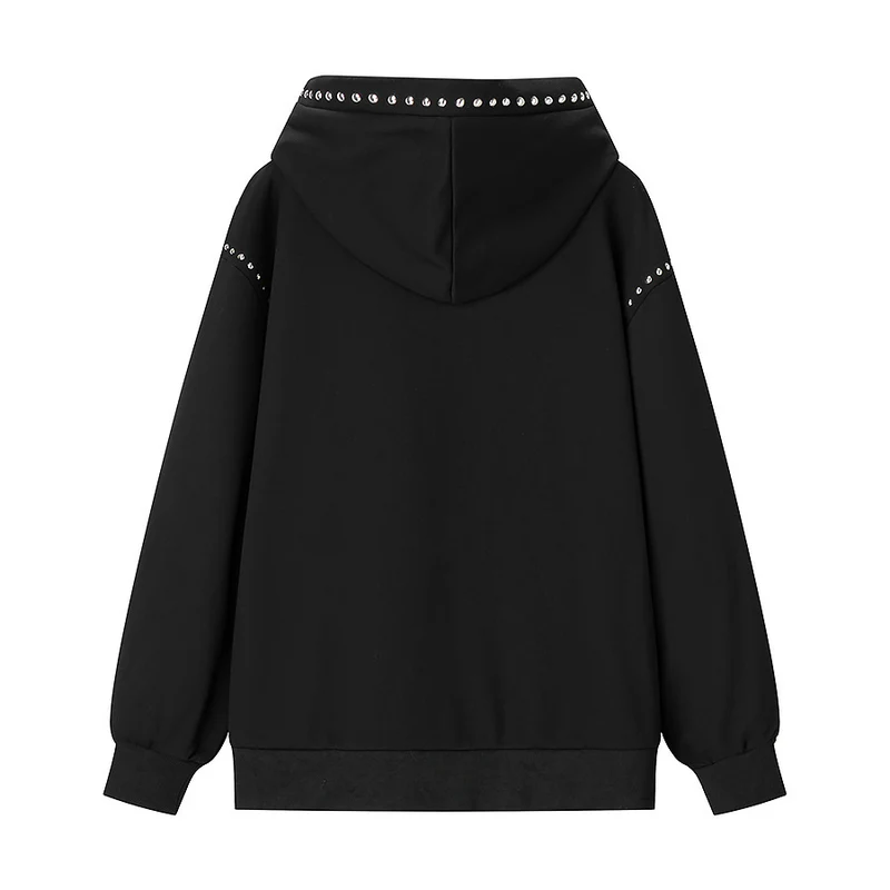 Damen Oversize-Kapuzenpullover mit Nietenbesatz und geripptem Saum Nord Taschen