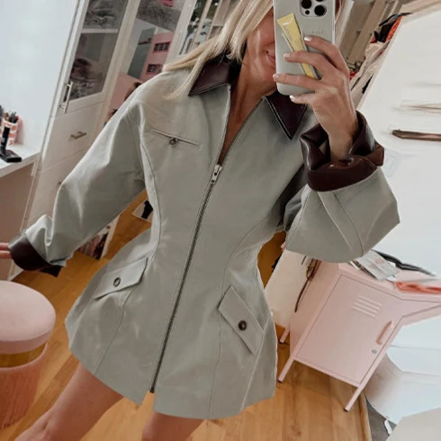 Damen Oversize-Jacke aus Lederoptik mit kontrastierendem Hemdkragen und Reißverschluss Nord Taschen