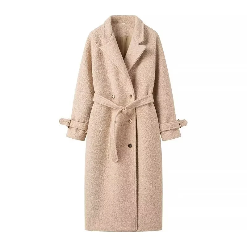 Damen Lang geschnittener Bouclé‑Teddy‑Mantel im Oversize‑Cut mit Doppelknopffront und verstellbaren Ärmelriemen Nord Taschen